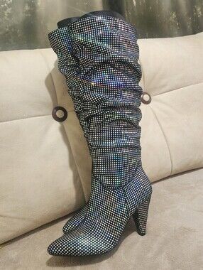 NWT.Impo Holographic Sparkle Slouch Knee-High Boots - Black/Silver